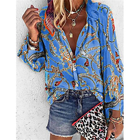 baratos Blusas Femininas-Mulheres Tribal Solto Camisa Social Diário Colarinho de Camisa Azul / Roxo / Vermelho / Amarelo / Laranja / Bege