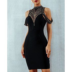 baratos Novidades-Sereia Vestidinho Preto Costas Lindas Desgaste do partido Coquetel Vestido Gola Alta Manga Curta Curto / Mini Fibra Sintética com Miçangas 2020