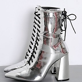 baratos Sapatos Femininos-Mulheres Botas Primavera &amp; Outono Salto Robusto Dedo Apontado Diário Couro Ecológico Preto / Prata