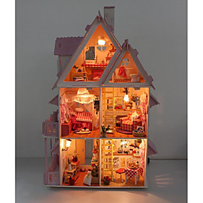 baratos Bonecas e Animais de Pelúcia-Casa de Boneca Kits de Montar Acessórios de quarto em miniatura Villa Rústico Criativo Faça Você Mesmo com LED Light Madeira Crianças Adulto Para Meninos Para Meninas Brinquedos Dom