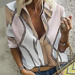 baratos Blusas Femininas-Mulheres Geométrica Correntes Impressão Blusa Diário Casual Decote V Colarinho de Camisa Azul / Roxo / Verde / Marron / Cinzento