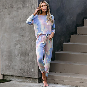 baratos Conjuntos Femininos-Mulheres Básico Blusa - Com Cordão, Arco-Íris Calça