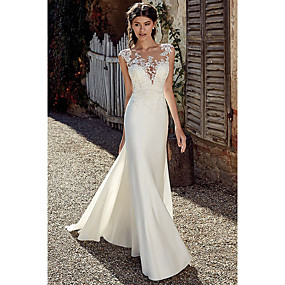 baratos Novidades-Linha A Vestidos de noiva Bateau Neck Cauda Corte Chiffon Renda Tule Alças Detalhe da Ilusão Frente Única com Renda Apliques 2020