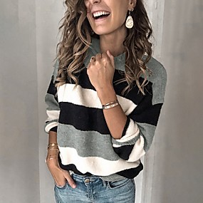 baratos Suéteres de Mulher-Mulheres Listrado Manga Longa Pulôver Camisola Jumper, Decote Redondo Vinho / Azul / Amarelo S / M / L