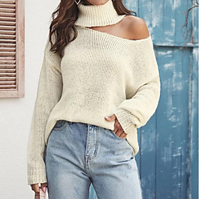 baratos Suéteres de Mulher-Mulheres Sólido Manga Longa Pulôver Camisola Jumper, Gola Alta Khaki S / M / L