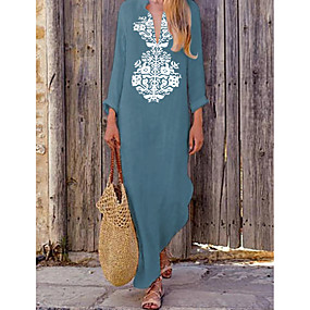 baratos Novidades-Mulheres Longo Reto Vestido - Manga Longa Geométrica Renda Decote em V Profundo Boho Feriado Férias Praia Solto Boho Amarelo Khaki Verde Azul Marinha Cinzento S M L XL XXL XXXL