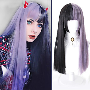 Gothic Wig Wigs For Women Half Red Amp Black Long Straight Hair Wig With Bangs Synthetic Cosplay Halloween Party 21 32 39