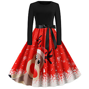 Women S A Line Dress Knee Length Dress Red Long Sleeve Print Animal Bow Print Fall Winter Round Neck Casual Vintage Christmas 21 S M L Xl Xxl 013 21 41 99