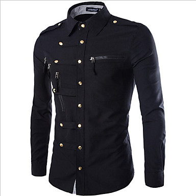 [$21.41] Men's Daily Military Slim Shirt - Solid Colored Basic Classic Collar Navy Blue / Long Sleeve / Spring / Fall
