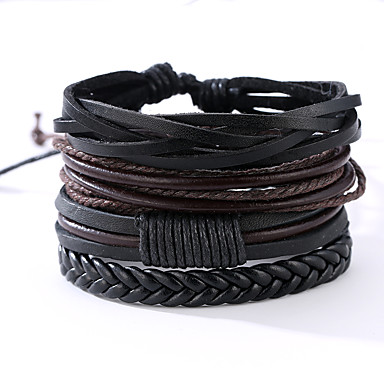 baratos Pulseiras Masculinas-4PCS Homens Enrole Pulseiras Pulseiras de couro Corda Vintage Punk Paracord Pulseira de jóias Preto / Folha de prata / Teste padrão abstrato Para Aniversário Presente Esportes namorados / Pele