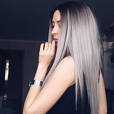 17 79 Synthetic Wig Straight Straight Wig Long Black Grey Synthetic Hair Women S Ombre Hair Dark Roots Middle Part Gray