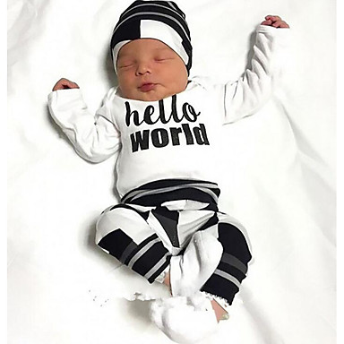 baratos Roupas de Bebê Para Meninos-bebê Para Meninos Básico Algodão Sólido / Letra Manga Longa Pele de Carneito Conjunto Branco