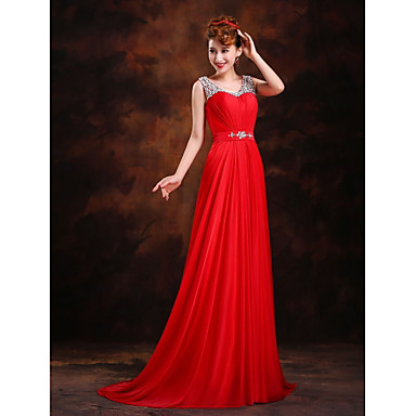 baratos Vestidos para Ocasiões Especiais-Tubinho Brilho &amp; Glitter Evento Formal Vestido Scoop pescoço Sem Manga Cauda Escova Seda com Detalhes em Cristal 2020