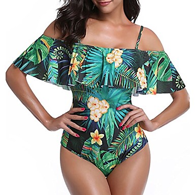 baratos Biquínis e Roupas de Banho Femininas-Mulheres Boho Com Alças / Ombro a Ombro Verde Branco Bandeau Slip Maiô Roupa de Banho - Floral Folha tropical Frufru / Estampado L XL XXL / Sexy