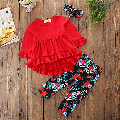 baratos Natal-Bébé Para Meninas Activo Moda de Rua Floral Geométrica Sólido Manga Longa Longo Longo Algodão Conjunto Vermelho