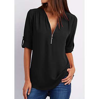 baratos Blusas-Mulheres Blusa - Para Noite Sólido Decote V Vinho / Primavera / Verão