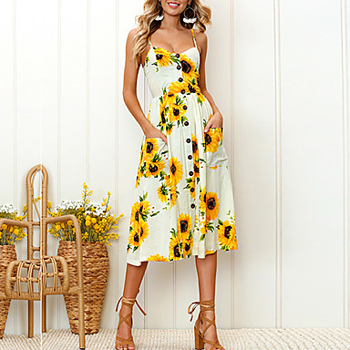 baratos Vestidos Midi-loralf das mulheres por dia um vestido de linha - girassóis folha tropical branco, alça de impressão verão rosa bege azul marinho l xl xxl