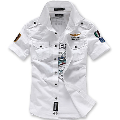 baratos Camisas Masculinas-Homens Geométrica Delgado Camisa Social Moda de Rua Militar Diário Branco / Preto / Azul / Sem Manga