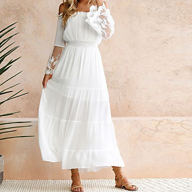 baratos Vestidos Branco e Preto-Mulheres Longo Branco balanço Vestido - Manga Longa Sólido Renda Primavera Verão Ombro a Ombro Festa Praia Ombro a Ombro Branco S M L XL