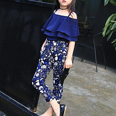 baratos Conjuntos para Meninas-Infantil Para Meninas Floral Floral Meia Manga Padrão Algodão Conjunto Azul Marinha