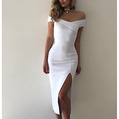 baratos Vestidos Midi-Mulheres Para Noite Skinny Tubinho Vestido Sólido Decote em V Profundo Cintura Alta Médio / Ombro a Ombro / Sexy