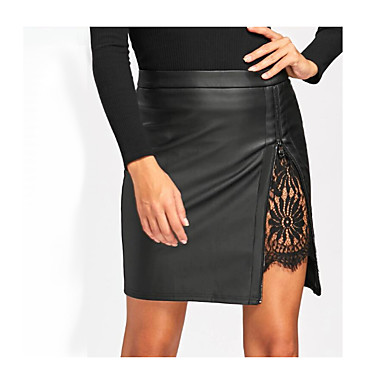 baratos Saias Femininas-Mulheres Sensual Diário Trabalho Mini Bodycon Saias - Sólido Renda / Fenda Preto S M L / Poliuretano