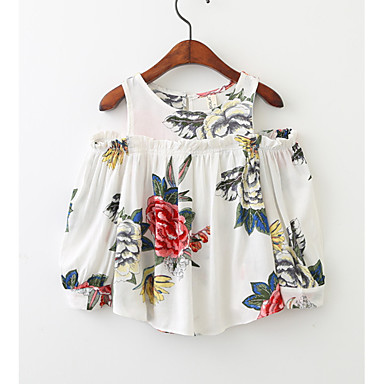 baratos Blusas para Meninas-Infantil Para Meninas Básico Diário Sólido Estampado Manga Longa Padrão Algodão Blusa Branco