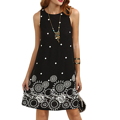 baratos Vestidos Estampados-Mulheres Evasê Vestido - Sem Manga Poá Geométrica Estampado Verão Básico Diário Preto S M L XL