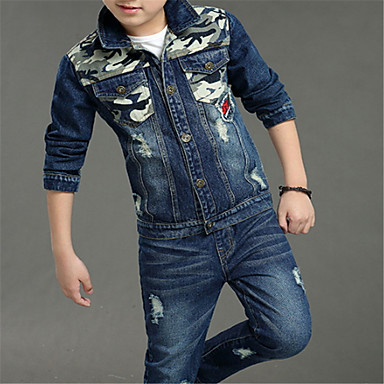 baratos Conjuntos para Meninos-Infantil Para Meninos Básico Sólido Manga Longa Conjunto Azul