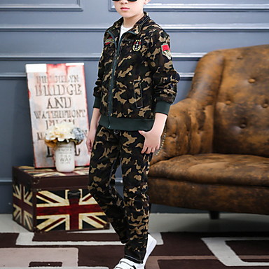 baratos Conjuntos para Meninos-Infantil Para Meninos Básico Sólido Manga Longa Conjunto Verde Tropa