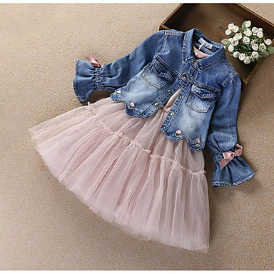 baratos Roupas de Meninas-Infantil Para Meninas Activo Moda de Rua Diário Para Noite Estampado Retalhos Laço Com Transparência Patchwork Manga Longa Algodão Conjunto Verde / Bordado