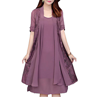 baratos Vestidos Midi-Mulheres Tamanhos Grandes Vestido De Duas Peças Vestido no Joelho - Manga Curta Sólido Renda Primavera Outono Diário Solto Preto Roxo Vermelho Azul Marinha L XL XXL XXXL XXXXL
