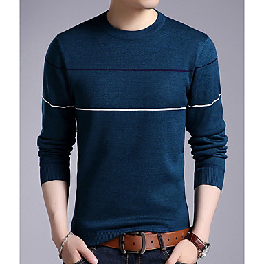 baratos Suéteres &amp; Cardigans Masculinos-Homens Diário Listrado Manga Longa Padrão Pulôver Camisola Jumper, Decote Redondo Preto / Azul / Vermelho M / L / XL