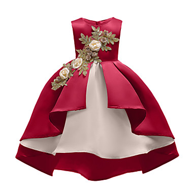 baratos Natal-Infantil Para Meninas Activo Vintage Natal Festa Feriado Floral Sólido Natal Franzido Com Transparência Sem Manga Assimétrico Vestido Vinho