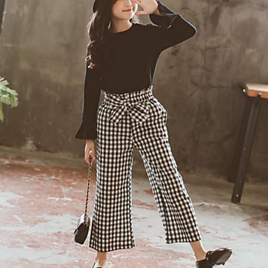 baratos Conjuntos para Meninas-Infantil Para Meninas Activo Moda de Rua Diário Para Noite Quadriculada Manga Longa Padrão Conjunto Preto