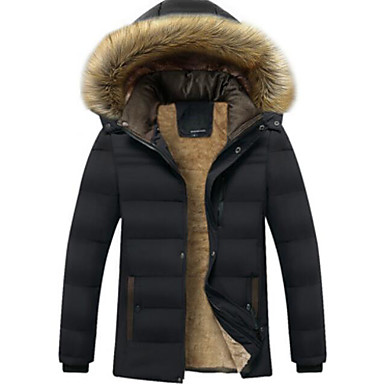 baratos Casacos de Penas e Parkas Masculinas-Homens Diário Básico Sólido Padrão Acolchoado, Poliéster Manga Longa Inverno Com Capuz Preto / Azul Marinha / Khaki XXXL / 4XL / XXXXXL
