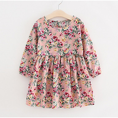 baratos Até 90% OFF-Infantil Para Meninas Básico Rosa empoeirada Floral Manga Longa Vestido Rosa
