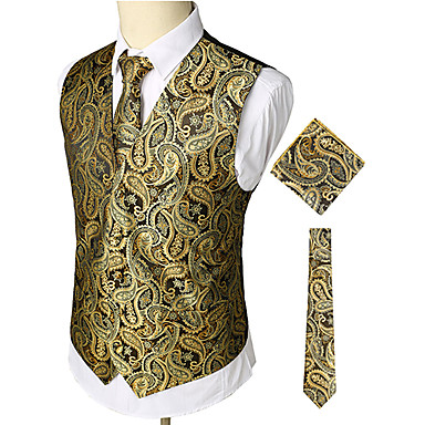 baratos Ternos &amp; Blazers Masculinos-Homens Trabalho / Bandagem Negócio / Luxo / Vintage Primavera / Outono / Inverno Padrão Colete, Estampado Cashemere Decote V Sem Manga Algodão / Elastano Estampado Dourado / Business casual / Delgado