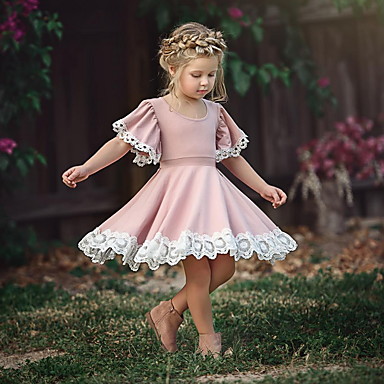 baratos Vestidos para Meninas-Bébé Para Meninas Básico Diário Rosa empoeirada Sólido Manga Curta Vestido Rosa