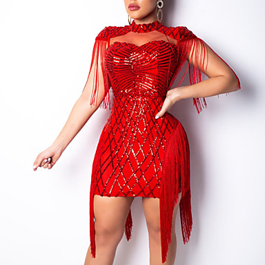 baratos Vestidos Bodycon-Mulheres Festa Bandagem Sensual Algodão Delgado Tubinho Vestido - Paetês Franjas, Sólido Gola Redonda Mini / Sexy