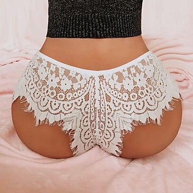 baratos Lingerie Feminina-Mulheres Renda Sexy Tanga &amp; Fio Dental / Slip - Tamanhos Grandes, Sólido Cintura Média Preto Branco S M L