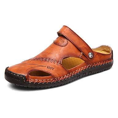 baratos Sapatos &amp; Bolsas-Homens Sapatos Confortáveis Pele Verão Casual Sandálias Água / Tênis Anfíbio Respirável Preto / Castanho Claro / Castanho Escuro