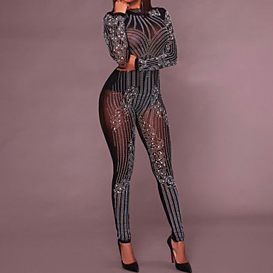 baratos Roupa e Sapatos de Dança-Dancewear Exótico Body de Strass / Macacão Para Dança / Fato de clube Mulheres Treino / Espetáculo Poliéster Cristal / Strass Manga Longa Alto Collant / Pijama Macacão