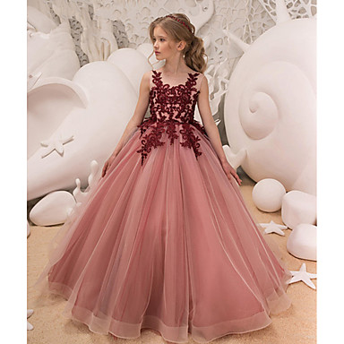 baratos Natal-Infantil Para Meninas Activo Doce Festa Feriado Rosa empoeirada Sólido Sem Manga Longo Vestido Vinho