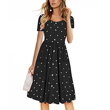 baratos Vestidos Branco e Preto-Mulheres Básico Bainha Vestido Poá Altura dos Joelhos