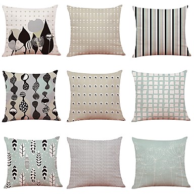 9 Pcs Linen Pillow Cover Floral Special Design Geometric Pattern