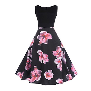 baratos Vestidos Vintage-Mulheres Elegante Evasê Vestido Floral Altura dos Joelhos