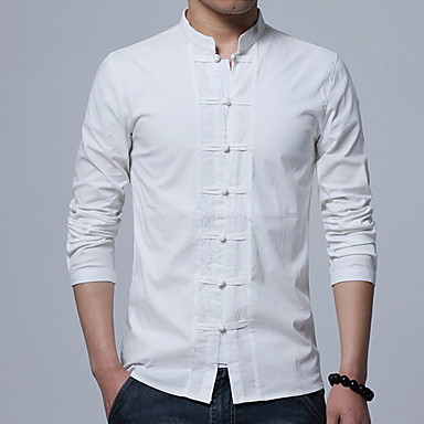Men's Chinoiserie Cotton Slim Shirt - Solid Colored Patchwork Standing ...