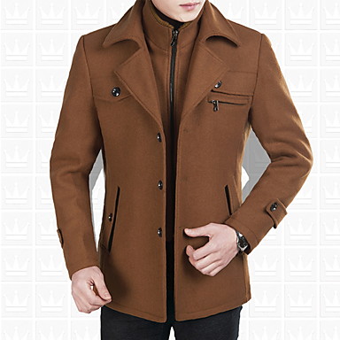baratos Trench Coat-Homens Diário Básico Outono Tamanho Europeu / Americano Longo Casaco Longo, Sólido Lapela Chanfrada Manga Longa Poliéster Preto / Cinzento / Khaki