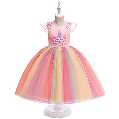 baratos Roupa de Festa para Meninas-Infantil Para Meninas Activo Doce Unicorn Retalhos Manga Curta Altura dos Joelhos Vestido Rosa
